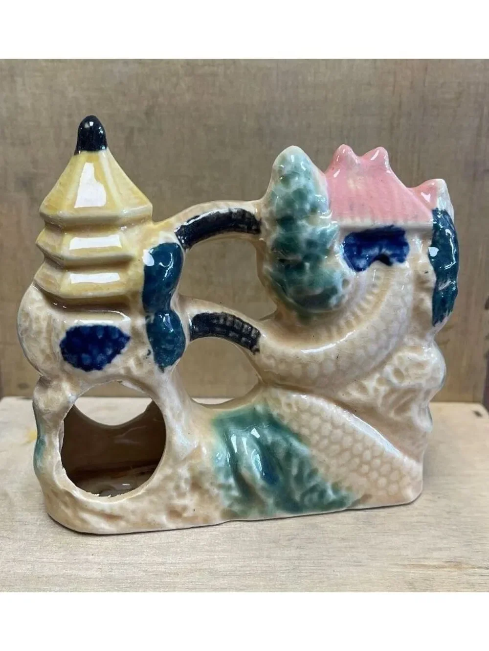 Vintage 1960s Japanese Ceramic Aquarium Sculpture with Pagoda and Archway